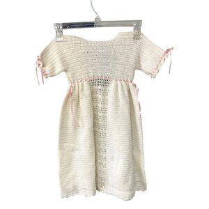 Handcrafted Crochet Baby Christening Gown With Pink Ribbon Accents - Soft Ivory